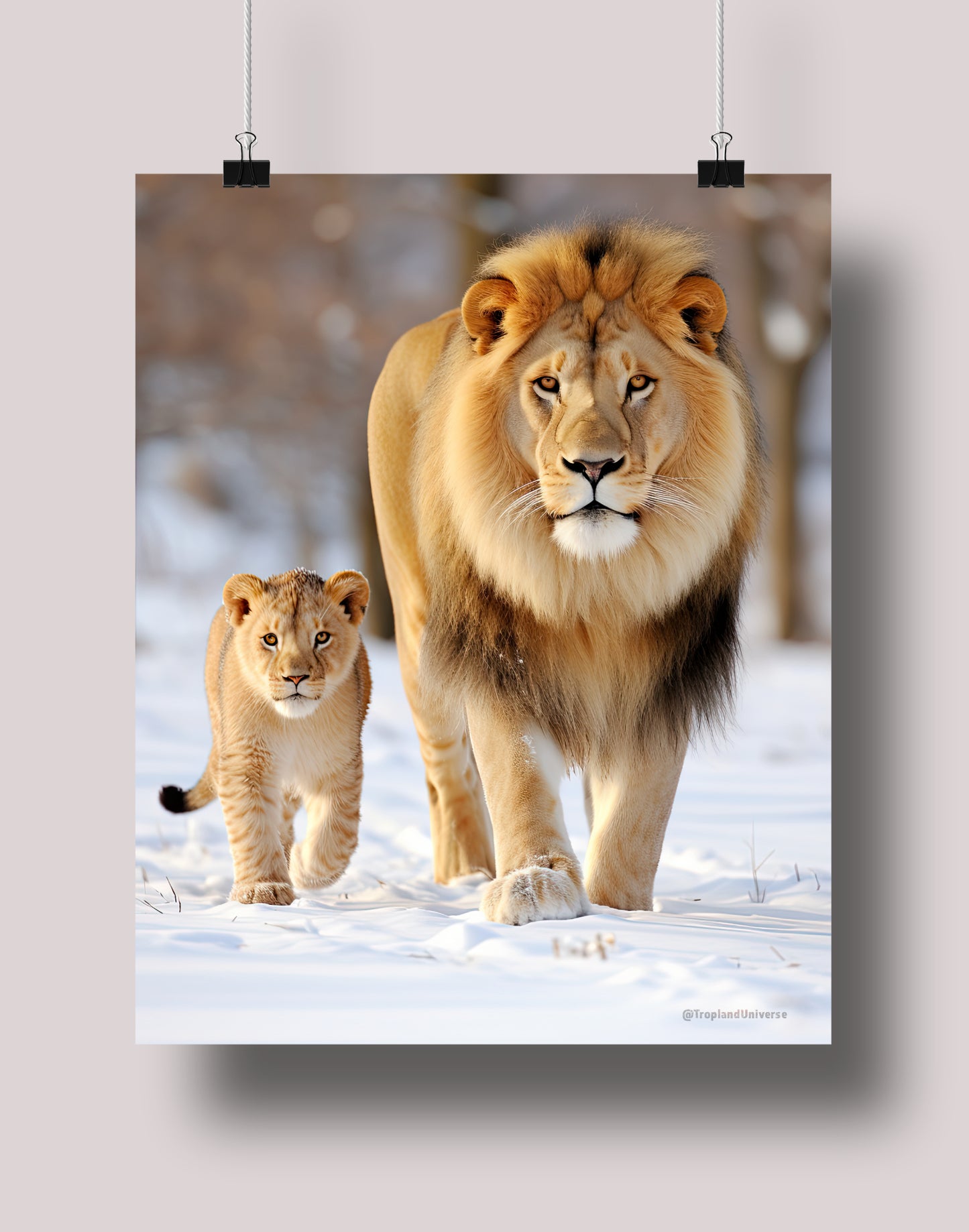 Lions in the Snow: Museum-Grade Poster - Tropland Universe