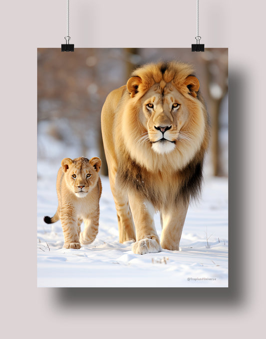 Lions in the Snow: Museum-Grade Poster - Tropland Universe